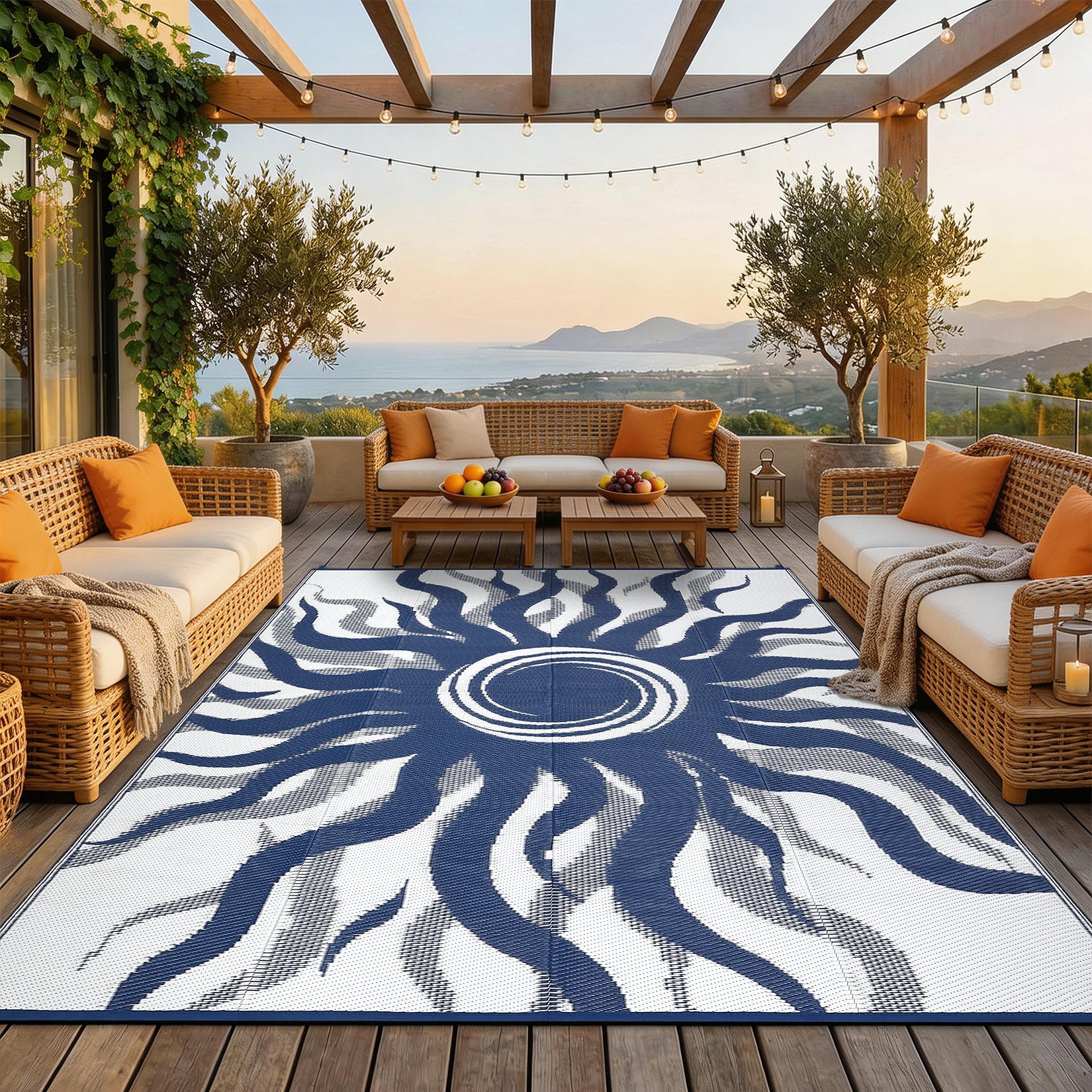 Garvee Outdoor Rug 8x10 Waterproof Patio Rug with Boho Sun Pattern, Reversible, UV-Resistant, Plastic Straw, Lightweight & Portable, Navy Blue, Ideal for Deck & Picnic