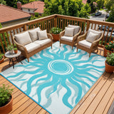 Garvee Outdoor Rug 8x10 Waterproof Boho Sun Pattern Reversible Plastic Straw UV-Resistant Lightweight Patio Deck Camping Mat - Light Blue