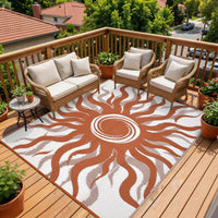 Garvee Outdoor Rug 8x10 Waterproof Patio Rug with Boho Sun Pattern, Reversible Plastic Straw, UV-Resistant, Lightweight, Foldable for Camping and Backyard