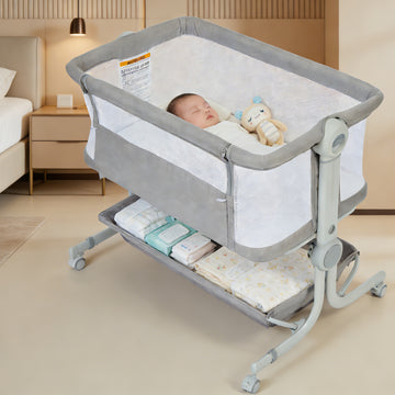 Garvee 3-in-1 Portable Baby Bassinet Bedside Sleeper in 6 Height Adjustable Design with Breathable Mesh and Storage Basket, Light Grey