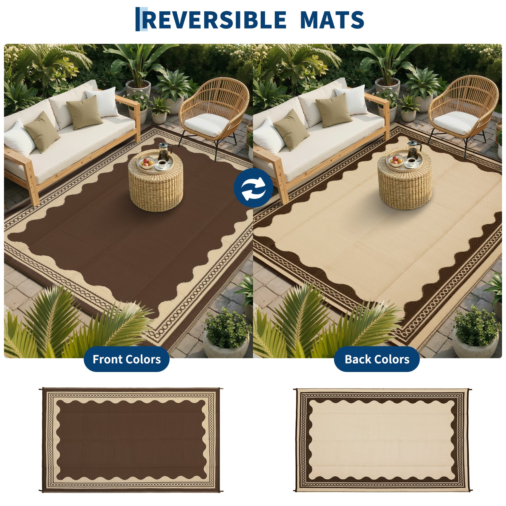 Garvee Outdoor Rug 8x10 Reversible Waterproof Plastic Straw Quick-Dry Stain-Resistant Brown Patio Camping Picnic