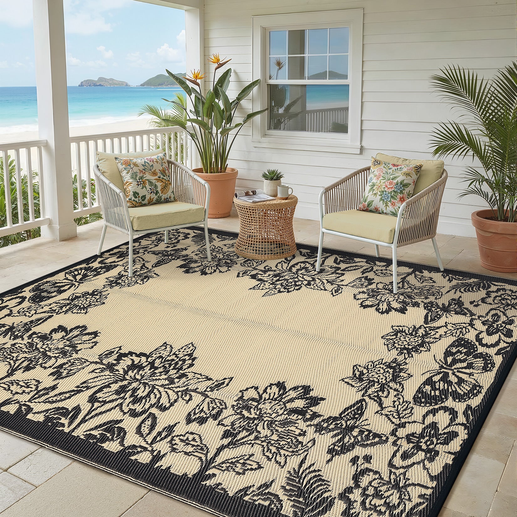 Garvee Waterproof Reversible Outdoor Rug 8x10ft - Large Plastic Straw Mat for Patio, Deck, Porch, RV, Camping, Backyard, Balcony - Easy-Clean, Weather Resistant - Black Coffee