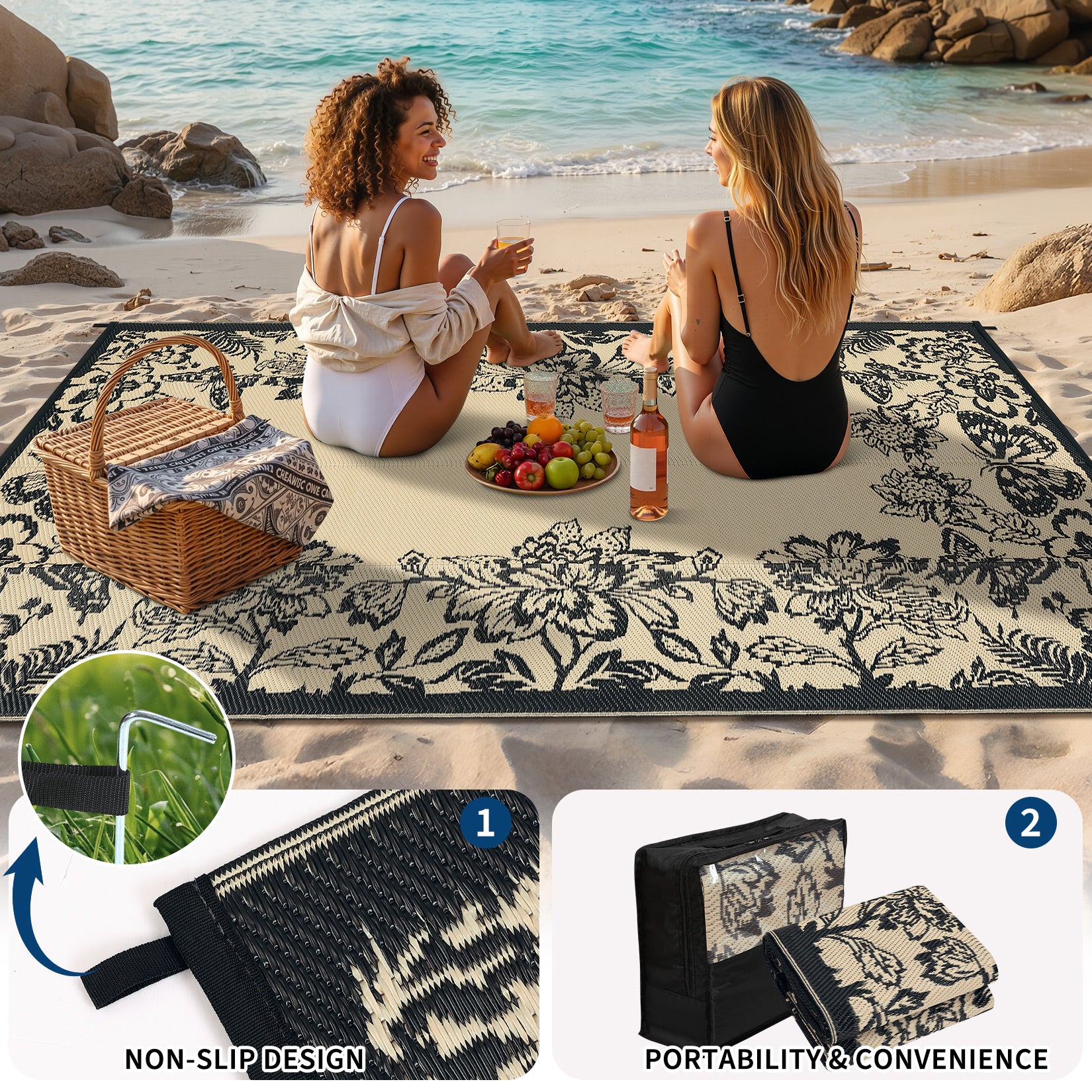 Garvee Waterproof Reversible Outdoor Rug 8x10ft - Large Plastic Straw Mat for Patio, Deck, Porch, RV, Camping, Backyard, Balcony - Easy-Clean, Weather Resistant - Black Coffee