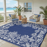 Garvee Waterproof Reversible Outdoor Rug 9x18ft - Large Plastic Straw Mat for Patio, Deck, Balcony, Camping, RV, Backyard - Easy Clean, UV Resistant, Floral Butterfly Design - Navy Blue/White