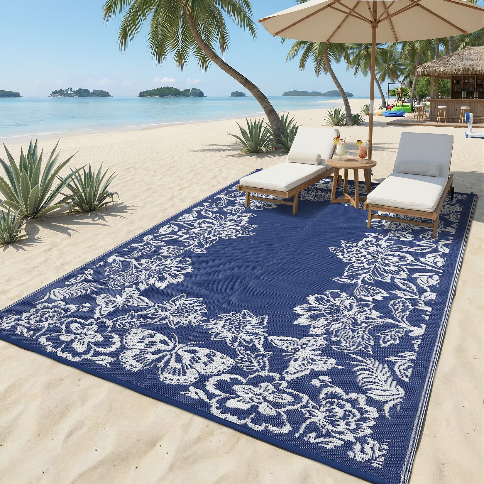 Garvee Waterproof Reversible Outdoor Rug 9x18ft - Large Plastic Straw Mat for Patio, Deck, Balcony, Camping, RV, Backyard - Easy Clean, UV Resistant, Floral Butterfly Design - Navy Blue/White