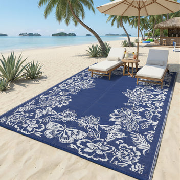 Garvee Waterproof Reversible Outdoor Rug 9x12ft - Large Plastic Straw Patio Carpet - Easy Clean, UV & Weather Resistant, Floral Design - Ideal for RV, Camping, Balcony, Deck, Backyard - Navy Blue/White