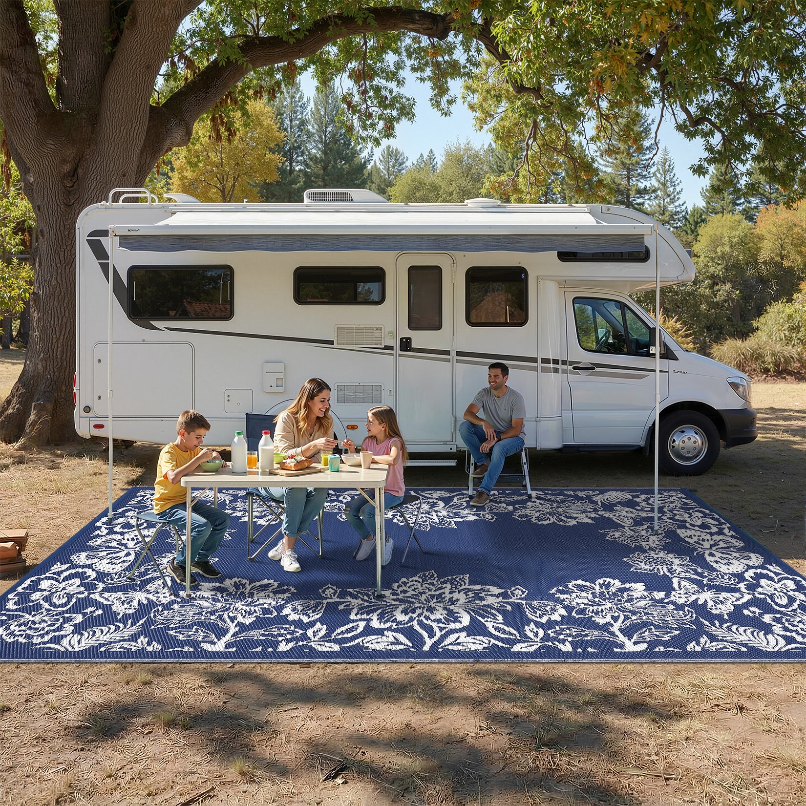 Garvee Waterproof Reversible Outdoor Rug 9x18ft - Large Plastic Straw Mat for Patio, Deck, Balcony, Camping, RV, Backyard - Easy Clean, UV Resistant, Floral Butterfly Design - Navy Blue/White