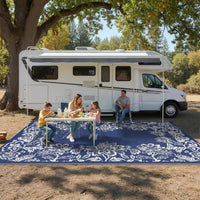 Garvee Waterproof Reversible Outdoor Rug 9x18ft - Large Plastic Straw Mat for Patio, Deck, Balcony, Camping, RV, Backyard - Easy Clean, UV Resistant, Floral Butterfly Design - Navy Blue/White
