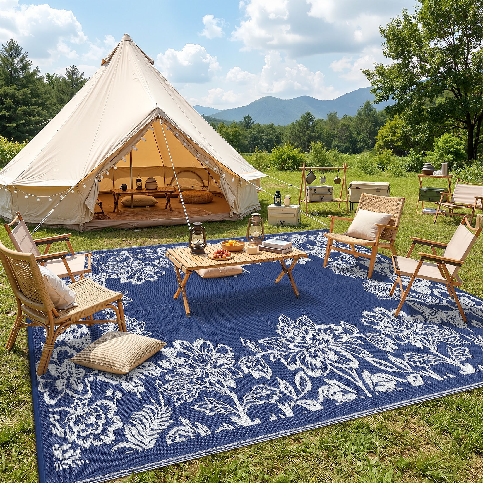 Garvee Waterproof Reversible Outdoor Rug 9x18ft - Large Plastic Straw Mat for Patio, Deck, Balcony, Camping, RV, Backyard - Easy Clean, UV Resistant, Floral Butterfly Design - Navy Blue/White