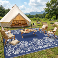 Garvee Waterproof Reversible Outdoor Rug 9x18ft - Large Plastic Straw Mat for Patio, Deck, Balcony, Camping, RV, Backyard - Easy Clean, UV Resistant, Floral Butterfly Design - Navy Blue/White