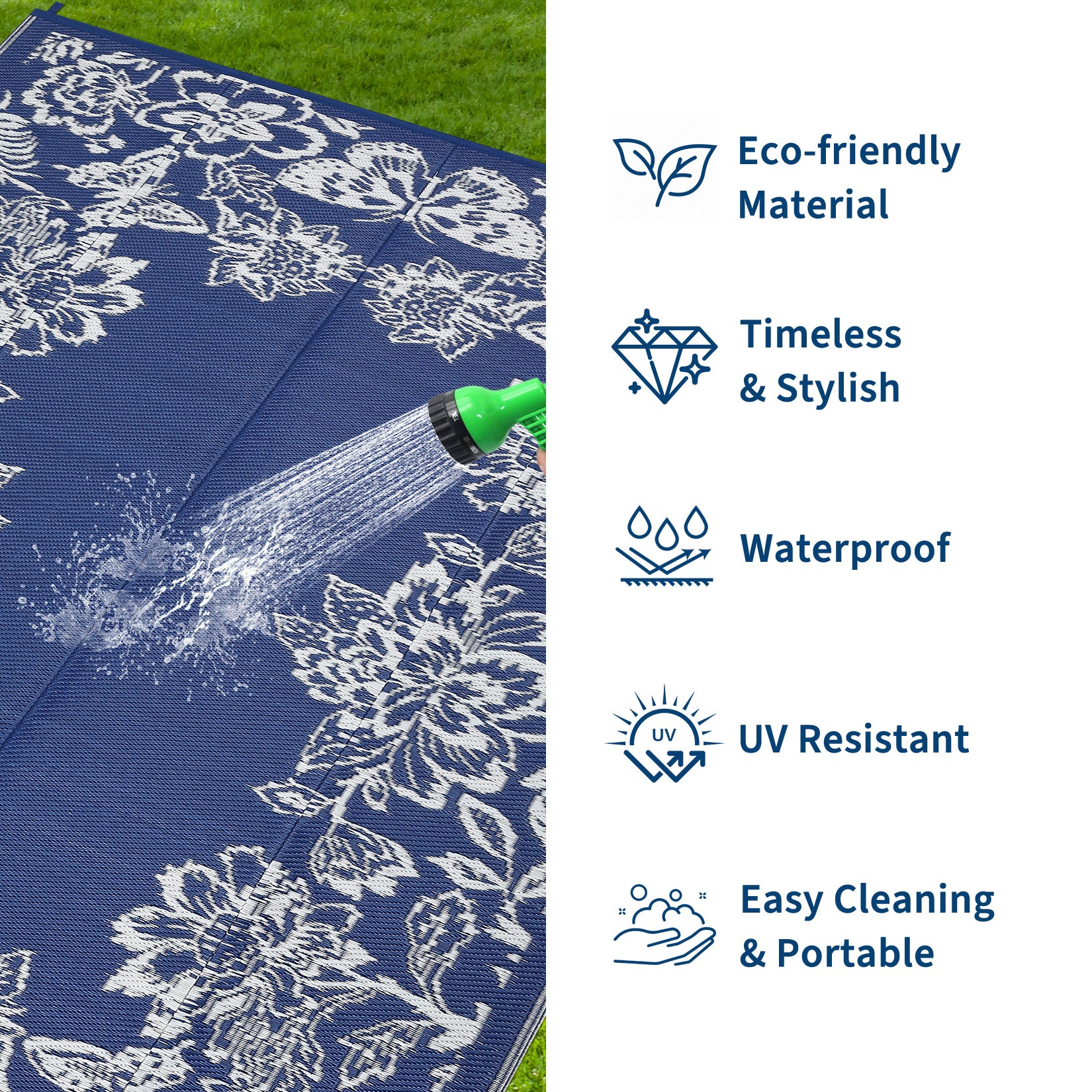 Garvee Waterproof Reversible Outdoor Rug 9x18ft - Large Plastic Straw Mat for Patio, Deck, Balcony, Camping, RV, Backyard - Easy Clean, UV Resistant, Floral Butterfly Design - Navy Blue/White
