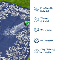 Garvee Waterproof Reversible Outdoor Rug 9x18ft - Large Plastic Straw Mat for Patio, Deck, Balcony, Camping, RV, Backyard - Easy Clean, UV Resistant, Floral Butterfly Design - Navy Blue/White
