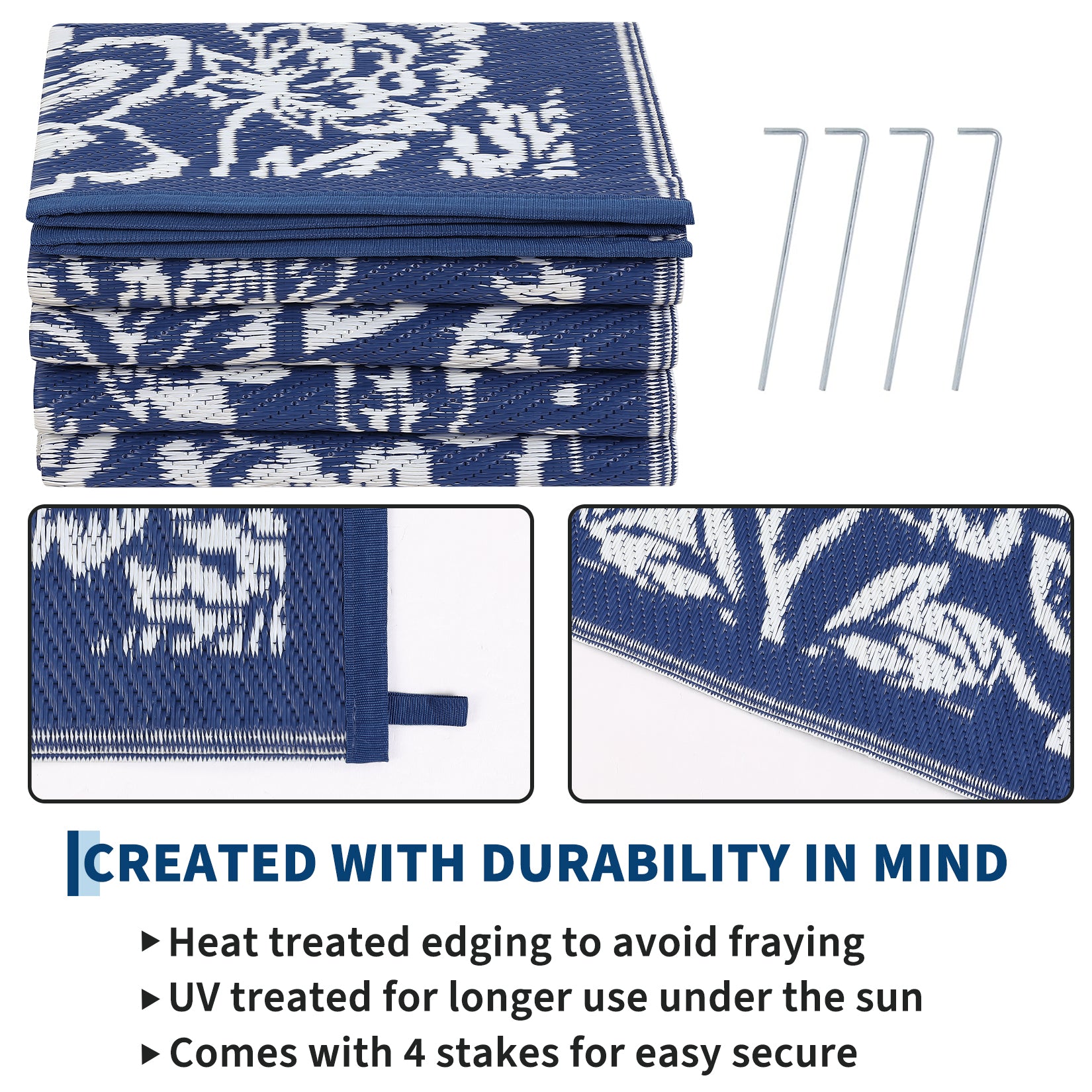 Garvee Waterproof Reversible Outdoor Rug 9x18ft - Large Plastic Straw Mat for Patio, Deck, Balcony, Camping, RV, Backyard - Easy Clean, UV Resistant, Floral Butterfly Design - Navy Blue/White