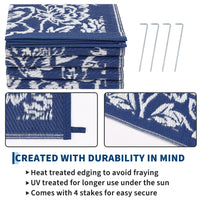 Garvee Waterproof Reversible Outdoor Rug 9x18ft - Large Plastic Straw Mat for Patio, Deck, Balcony, Camping, RV, Backyard - Easy Clean, UV Resistant, Floral Butterfly Design - Navy Blue/White