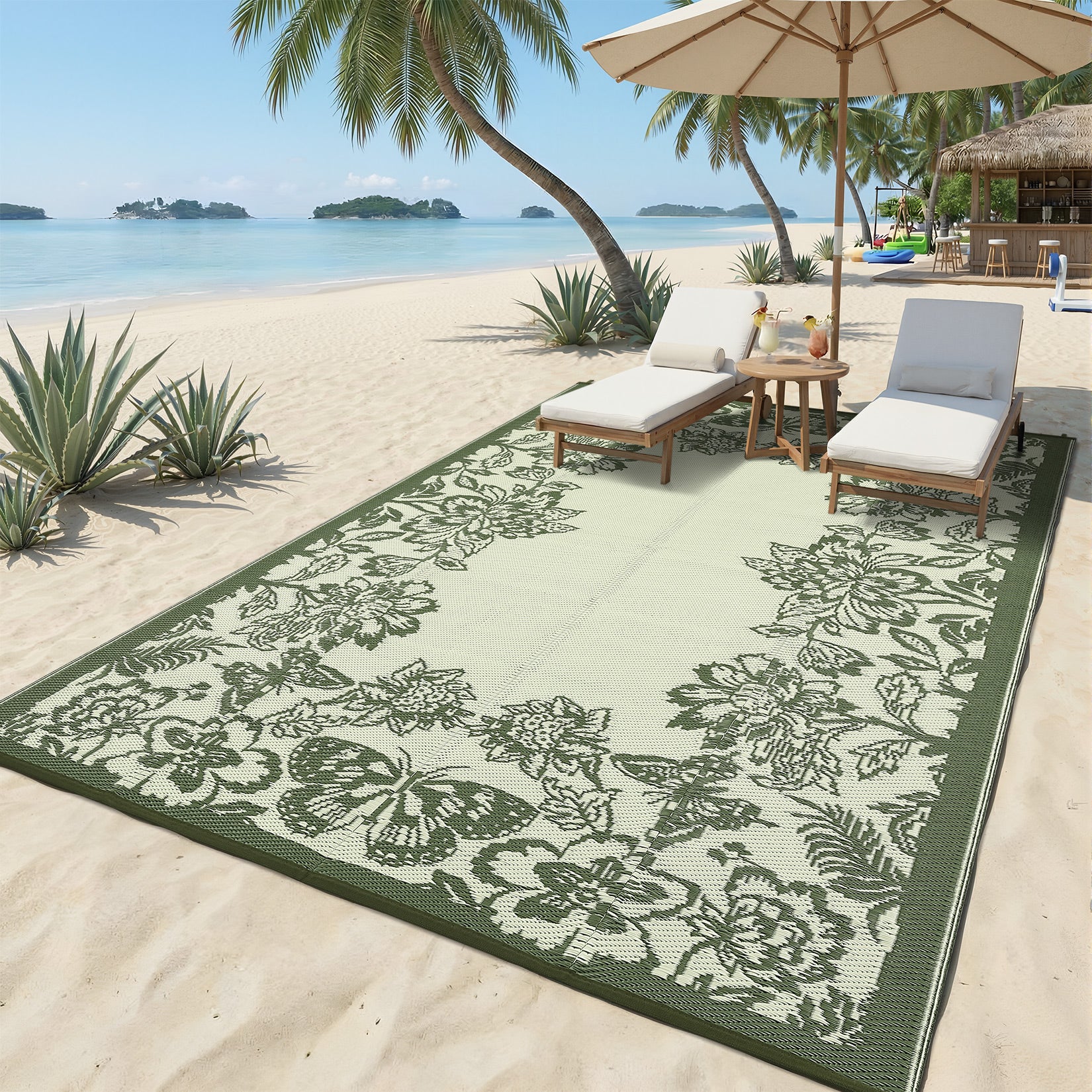 Garvee Waterproof Reversible Outdoor Rug 9x12ft - Large Plastic Straw Mat for Patio, Deck, Backyard, RV, Camping, Balcony - Easy-Clean, Non-Slip, Weather Resistant, Floral - Sage Green/Light Green