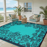 Garvee Waterproof Reversible Outdoor Rug 9x12ft - Large Plastic Straw Mat for Patio, Deck, Backyard, RV, Camping, Balcony, Porch - Easy Clean, Weather Resistant - Teal/Black Blue