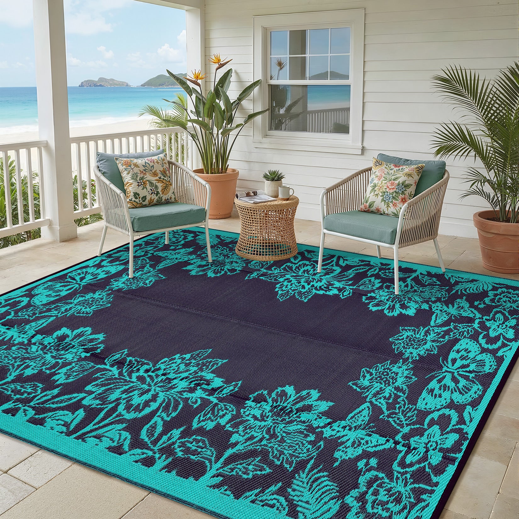 Garvee Waterproof Reversible Outdoor Rug 9x12ft - Large Plastic Straw Mat for Patio, Deck, Backyard, RV, Camping, Balcony, Porch - Easy Clean, Weather Resistant - Teal/Black Blue