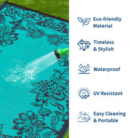 Garvee Waterproof Reversible Outdoor Rug 9x12ft - Large Plastic Straw Mat for Patio, Deck, Backyard, RV, Camping, Balcony, Porch - Easy Clean, Weather Resistant - Teal/Black Blue