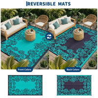 Garvee Waterproof Reversible Outdoor Rug 8x10ft - Large Plastic Straw Area Mat for Patio, Deck, RV, Camping, Balcony, Backyard - Easy Clean, Weather Resistant, Floral Butterfly Design - Teal/Black