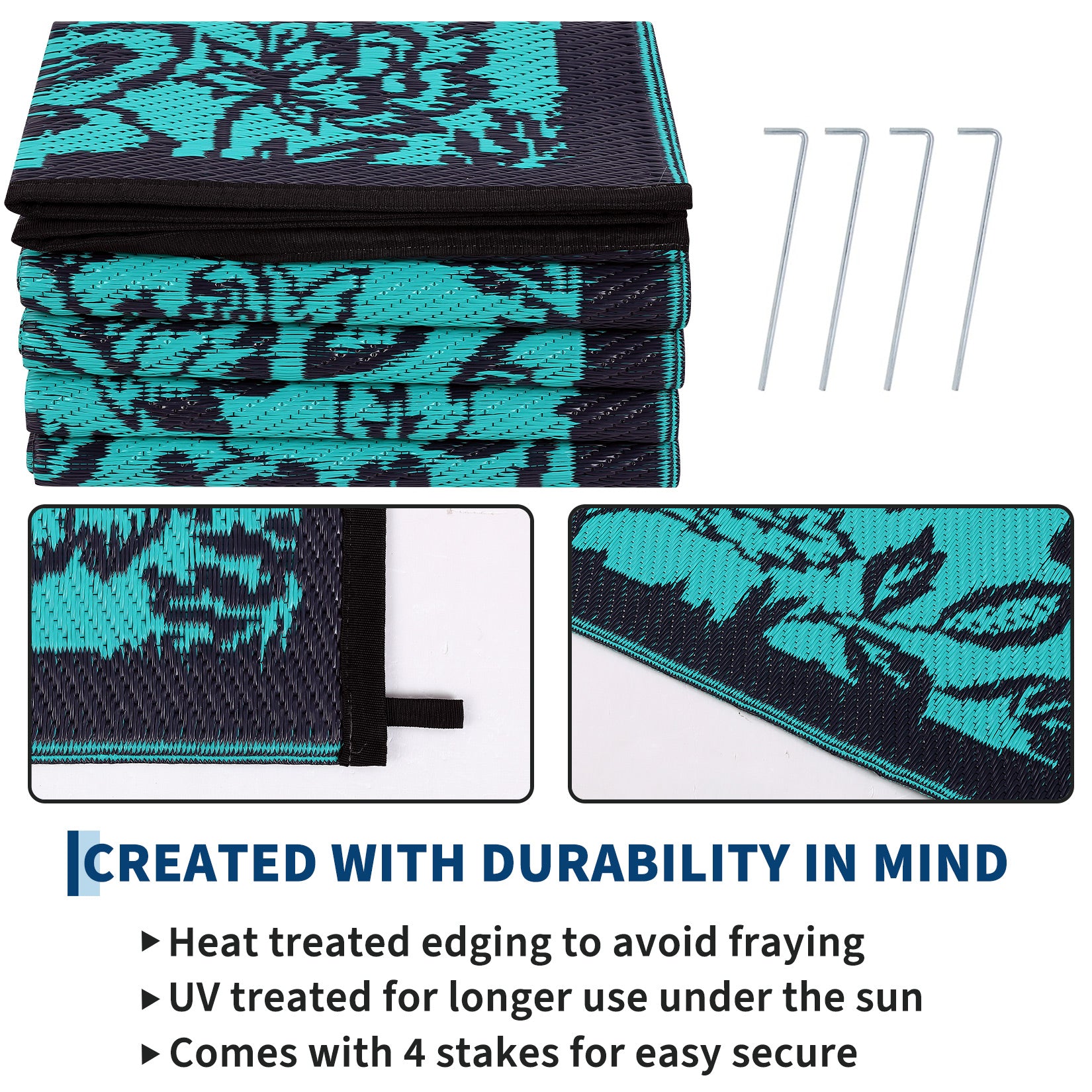 Garvee Waterproof Reversible Outdoor Rug 9x12ft - Large Plastic Straw Mat for Patio, Deck, Backyard, RV, Camping, Balcony, Porch - Easy Clean, Weather Resistant - Teal/Black Blue