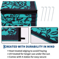 Garvee Waterproof Reversible Outdoor Rug 9x12ft - Large Plastic Straw Mat for Patio, Deck, Backyard, RV, Camping, Balcony, Porch - Easy Clean, Weather Resistant - Teal/Black Blue