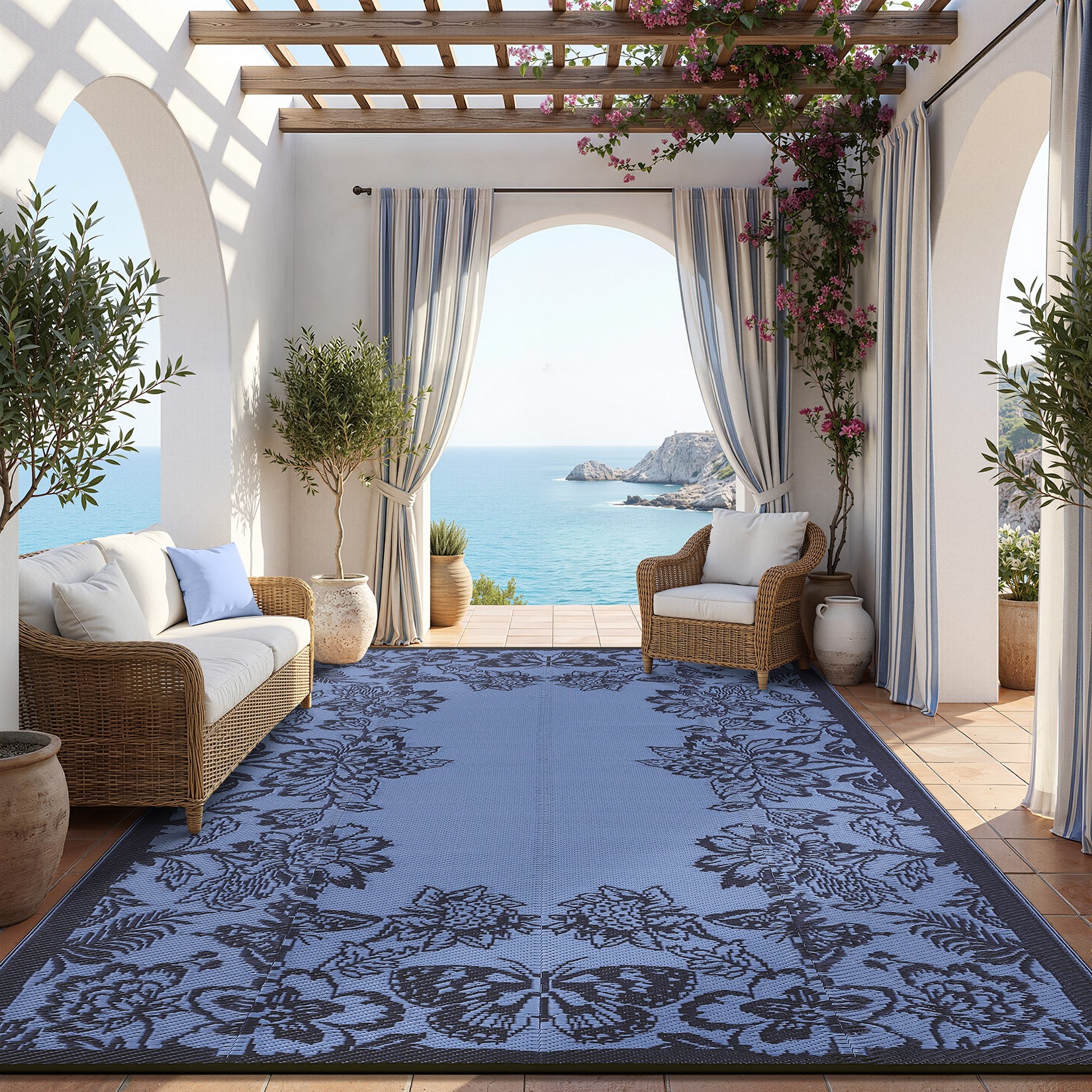 Garvee Waterproof Reversible Outdoor Rug 8x10ft - Large Plastic Straw Area Mat for Patio, Deck, Balcony, RV, Camping - Easy Clean, Weather Resistant - Black Blue/Light Blue