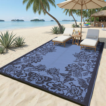 Garvee Waterproof Reversible Outdoor Rug 8x10ft - Large Plastic Straw Area Mat for Patio, Deck, Balcony, RV, Camping - Easy Clean, Weather Resistant - Black Blue/Light Blue