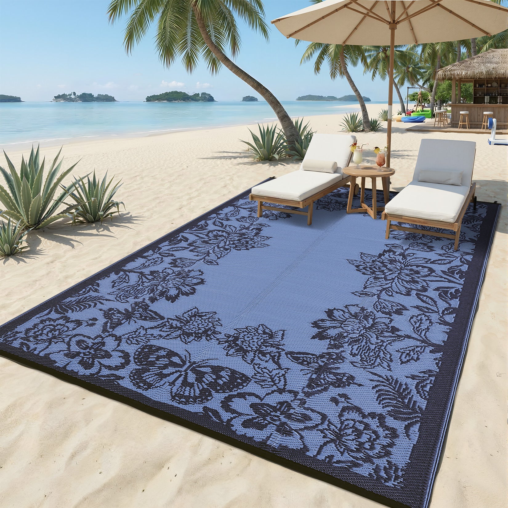 Garvee Waterproof Reversible Outdoor Rug 8x10ft - Large Plastic Straw Area Mat for Patio, Deck, Balcony, RV, Camping - Easy Clean, Weather Resistant - Black Blue/Light Blue