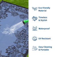 Garvee Waterproof Reversible Outdoor Rug 9x12ft - Large Plastic Straw Patio Carpet - Easy Clean, UV Protection, Weather-Resistant - Perfect for Deck, RV, Camping, Picnic, Balcony, Backyard - Black Blue/Light Blue
