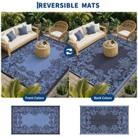Garvee Waterproof Reversible Outdoor Rug 9x12ft - Large Plastic Straw Patio Carpet - Easy Clean, UV Protection, Weather-Resistant - Perfect for Deck, RV, Camping, Picnic, Balcony, Backyard - Black Blue/Light Blue