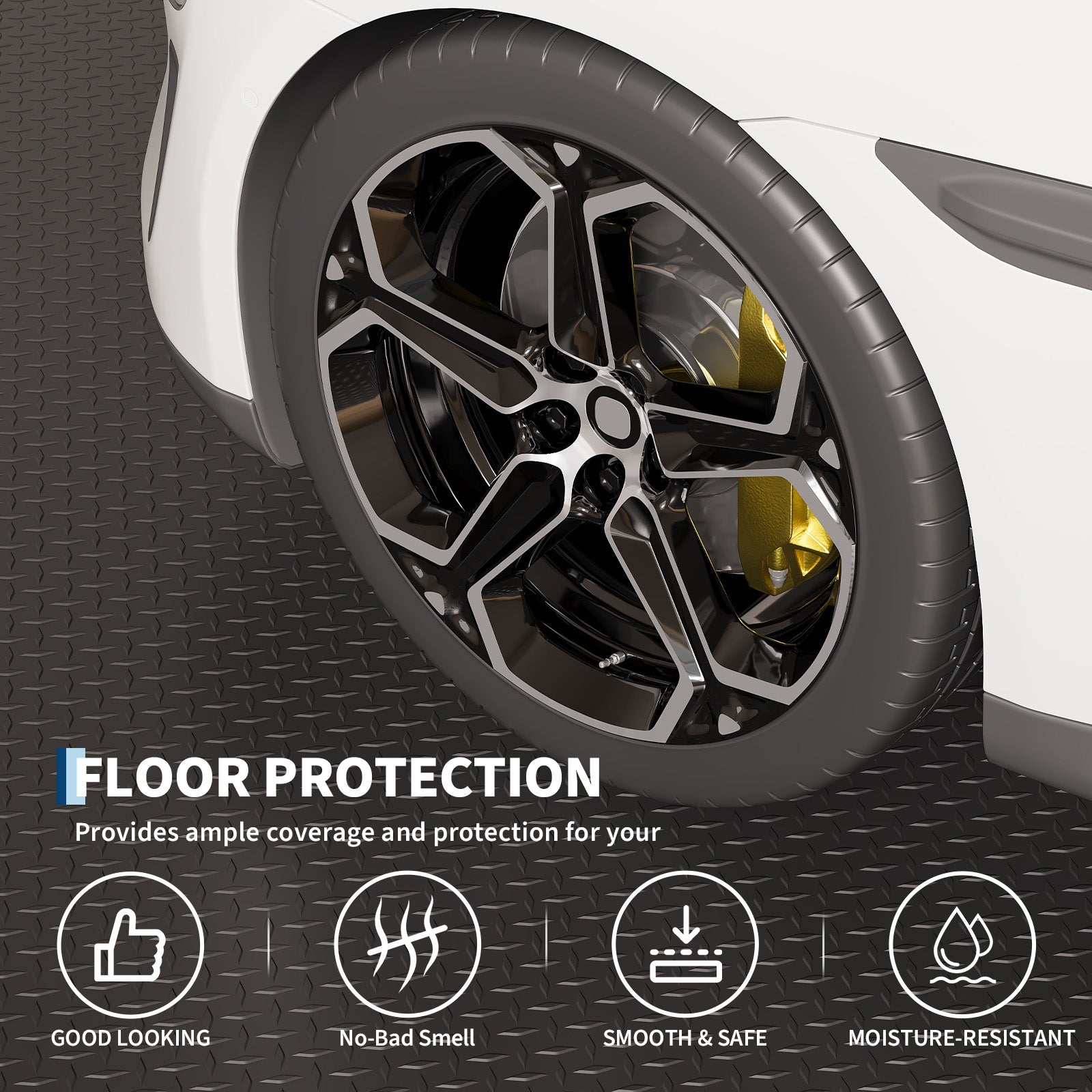 Garvee Heavy Duty Diamond Plate PVC Garage Floor Mat, 7.5x17 ft, 2.0mm Thick, Waterproof Non-Slip Protector Roll, Double-Sided Tape, Cut to Fit, For Compact SUVs, Sports Cars, Warehouse, Basement, Black
