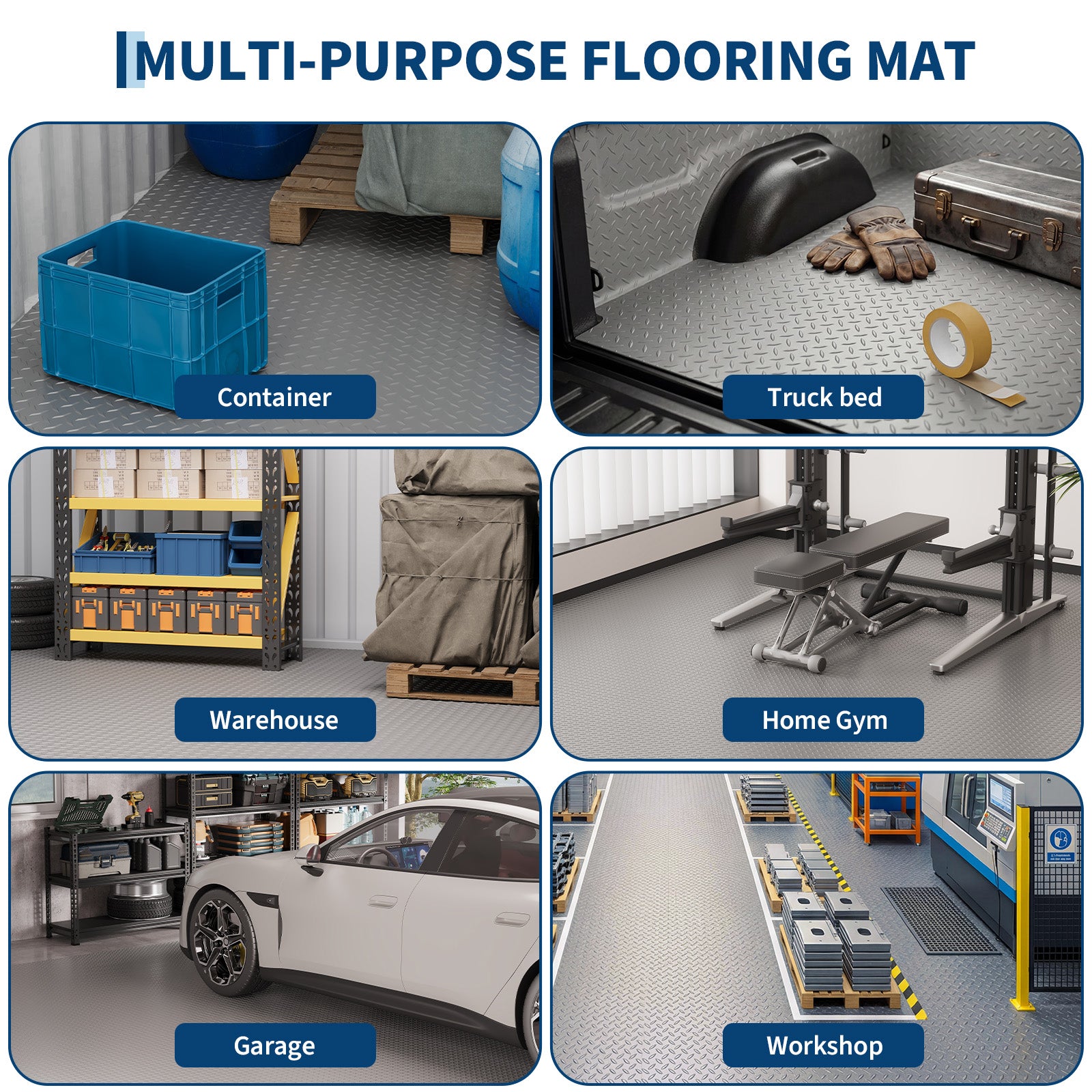 Garvee Heavy Duty Diamond Plate PVC Garage Floor Mat, 5x10 ft, 2.0mm Thick, Waterproof Non-Slip Flooring Roll, Double-Sided Tape Included, Cut to Fit, Perfect for Garage, Workshop, Basement, Warehouse, Silver Gray
