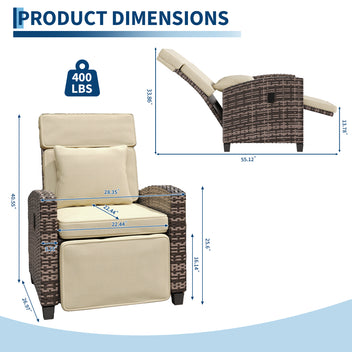 Garvee Outdoor Rattan Recliner Chair with Cushion, Adjustable Patio Lounge Chair with Footrest, Flip-Up Side Table & 145° Reclining Backrest for Porch, Balcony, Poolside, Brown Rattan + Khaki Cushion