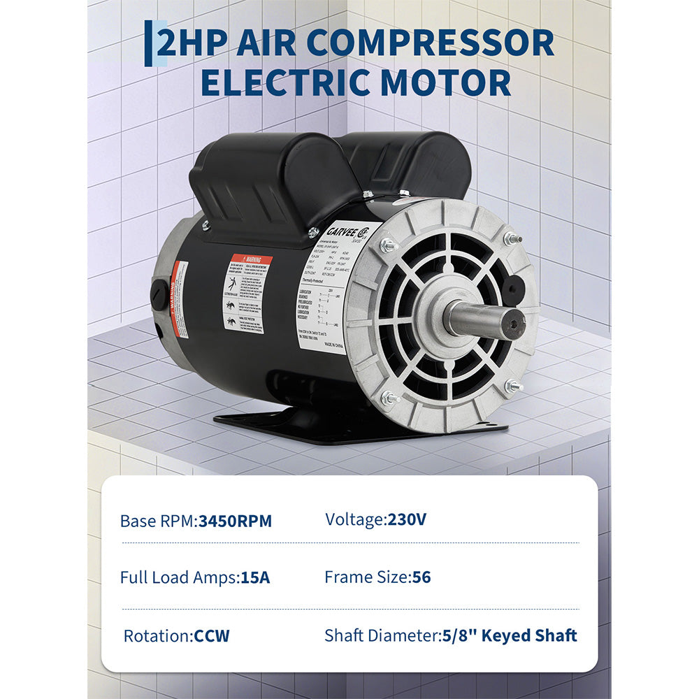 Garvee 2HP SPL Air Compressor Electric Motor, 115/230V, 56 Frame, 5/8" Keyed Shaft, Ultra Quiet, Dual CW/CCW Rotation