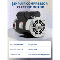 Garvee 2HP SPL Air Compressor Electric Motor, 115/230V, 56 Frame, 5/8" Keyed Shaft, Ultra Quiet, Dual CW/CCW Rotation