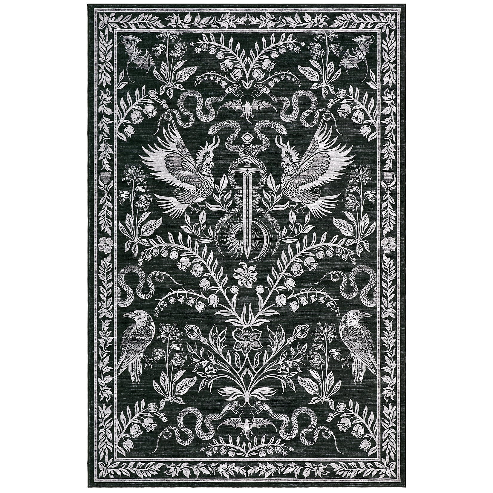 Garvee 9' x 12' Large Vintage Botanical Bird & Snake Area Rug, Washable Non-Slip Soft Low-Pile Rug for Living Room & Dining Room, Black