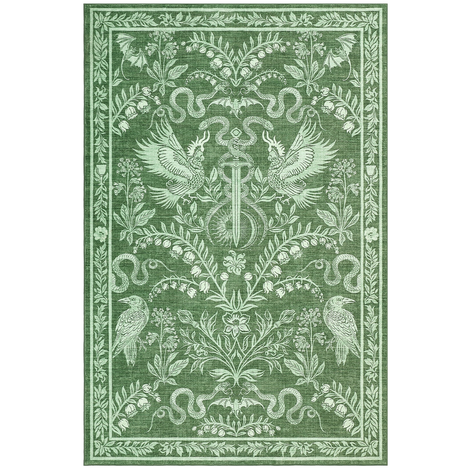 Garvee 5' x 7' Vintage Botanical Bird & Snake Area Rug, Washable Non-Slip Soft Low-Pile Rug for Living Room, Bedroom & Dining Room, Green