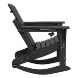 Garvee HDPE Folding Adirondack Rocking Chair, 380 lbs Patio Chair with Retractable Ottoman for Deck & Fire Pit, Cup Holders & Wood Texture, Black - Black