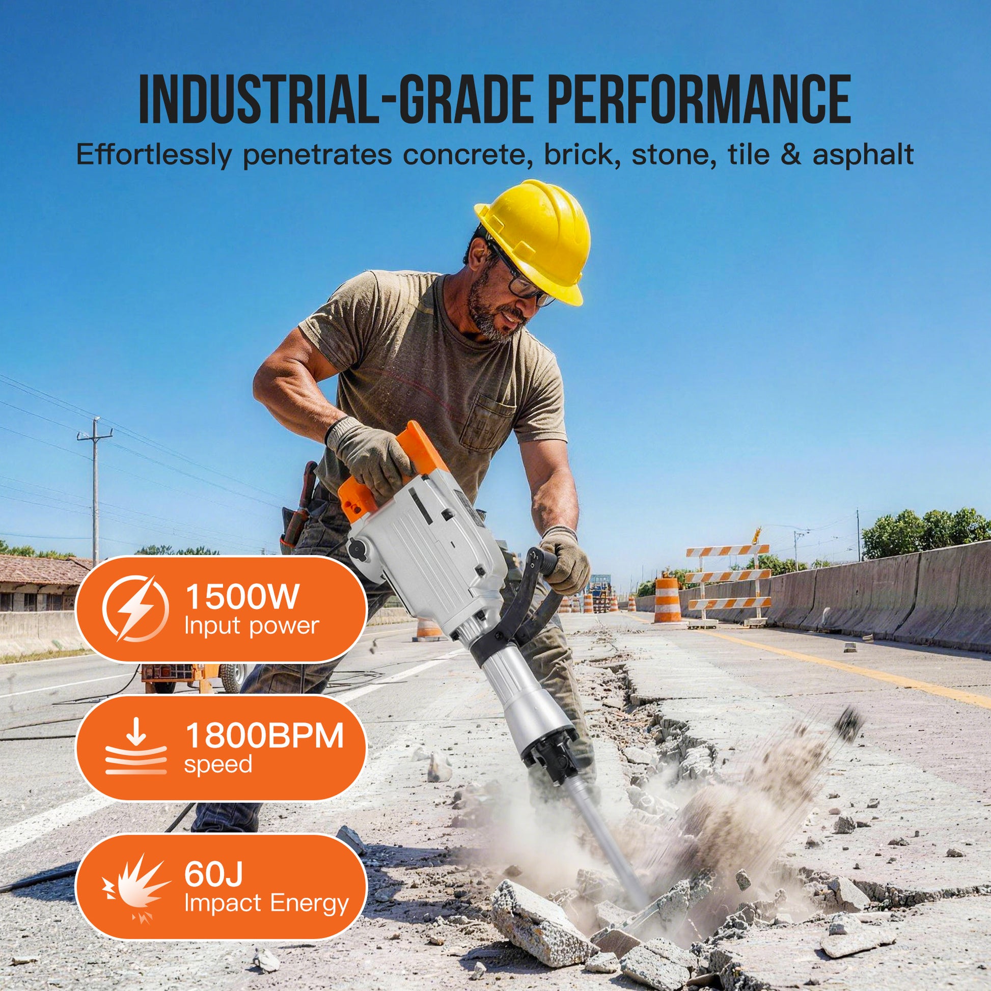 Garvee 1700W Electric Demolition Hammer, Heavy Duty Concrete Breaker with 60J Impact Energy, 1900 BPM, Anti-Vibration System, 360° Rotating Handle, Carrying Case & 3-Piece Bit Set