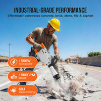 Garvee 1700W Electric Demolition Hammer, Heavy Duty Concrete Breaker with 60J Impact Energy, 1900 BPM, Anti-Vibration System, 360° Rotating Handle, Carrying Case & 3-Piece Bit Set