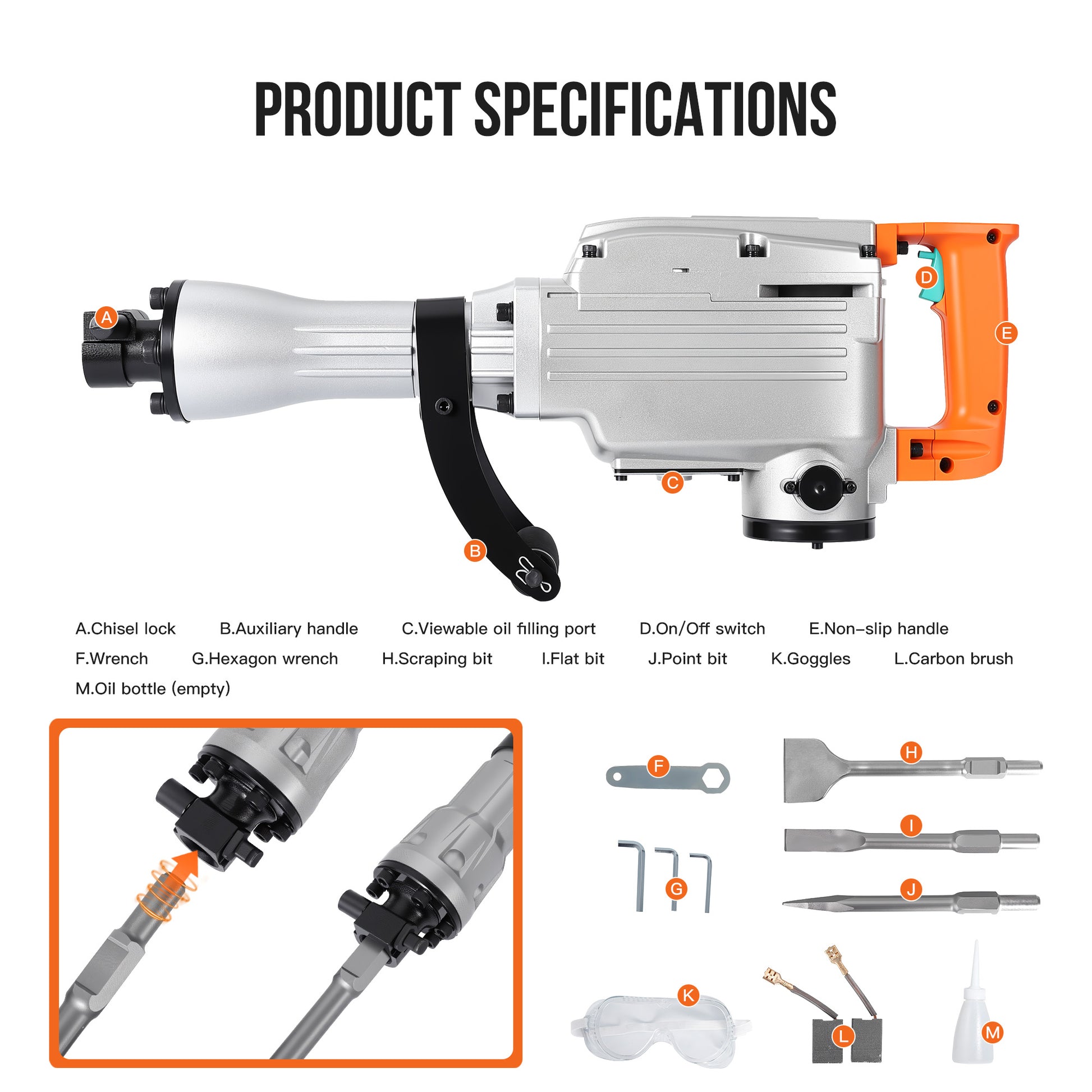 Garvee 1700W Electric Demolition Hammer, Heavy Duty Concrete Breaker with 60J Impact Energy, 1900 BPM, Anti-Vibration System, 360° Rotating Handle, Carrying Case & 3-Piece Bit Set