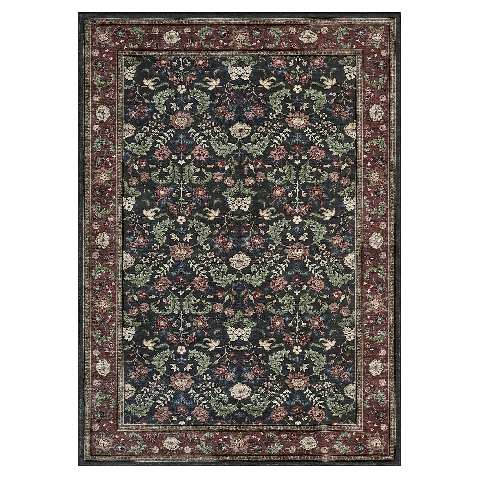 Garvee 5' x 7' Black Garden Floral Area Rug, Washable Non-Slip Low-Pile Vintage Botanical Rug for Living Room, Bedroom & Entryway