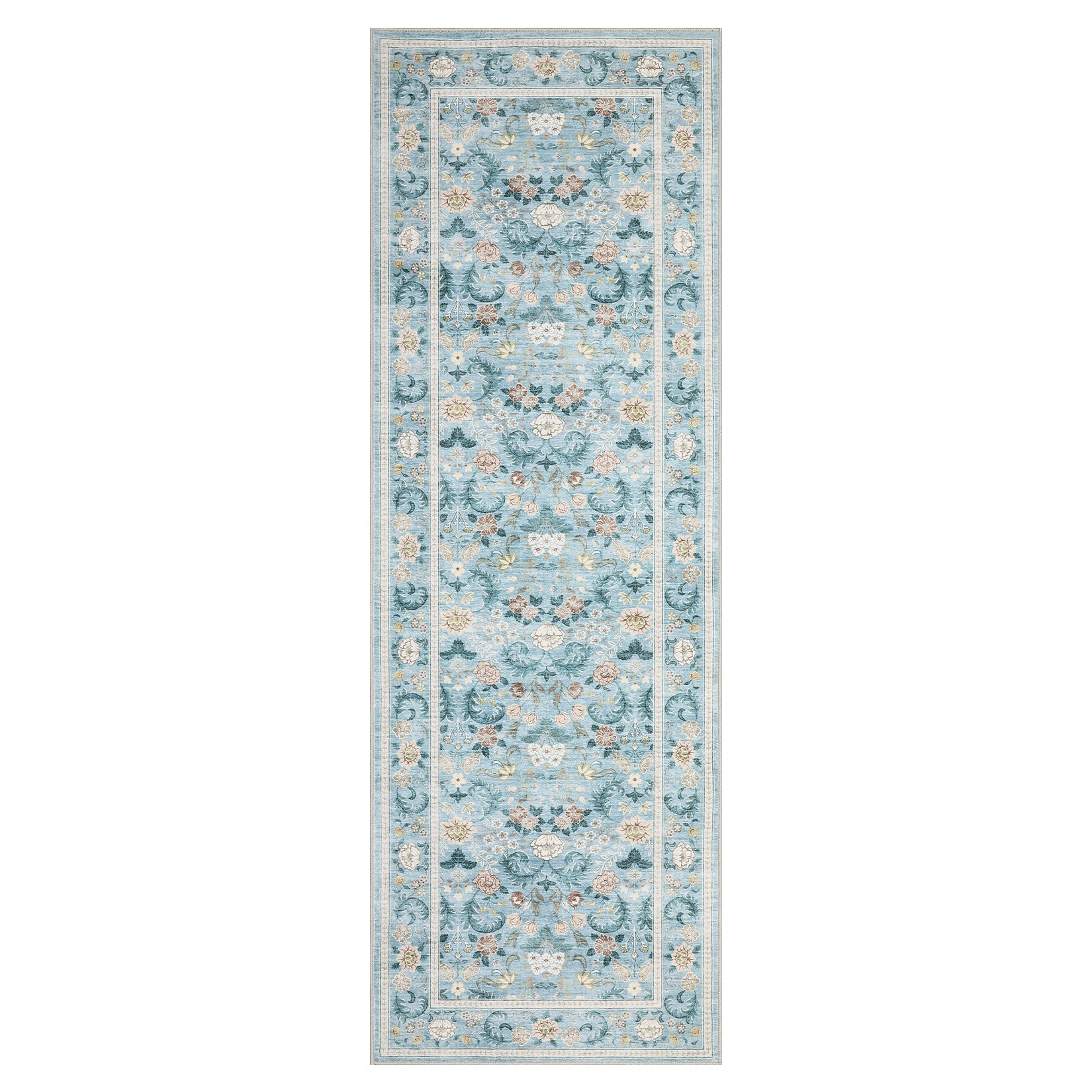 Garvee 2' x 6' Light Blue Vintage Floral Runner Rug, Washable Non-Slip Low-Pile Botanical Hallway Rug for Kitchen & Entryway