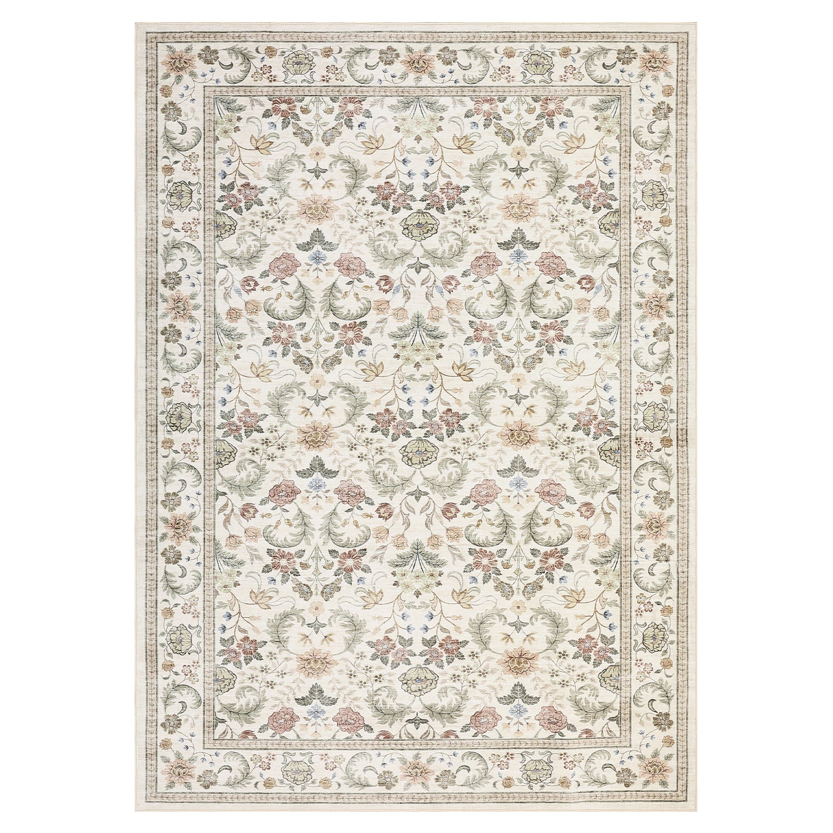 Garvee 8' x 10' Beige Pastoral Floral Area Rug, Washable Non-Slip Low-Pile Large Vintage Border Rug for Living Room & Bedroom