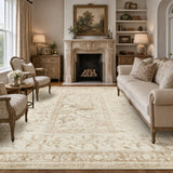 Garvee Washable Rugs for Indoor Use, Green Botanical Floral Print, Non-Slip Low Pile Soft Area Rug, Farmhouse Aesthetic Carpet for Living Room, Bedroom, Kitchen, Dining Room - Beige