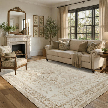 Garvee Washable Rugs for Indoor Use, Green Botanical Floral Print, Non-Slip Low Pile Soft Area Rug, Farmhouse Aesthetic Carpet for Living Room, Bedroom, Kitchen, Dining Room