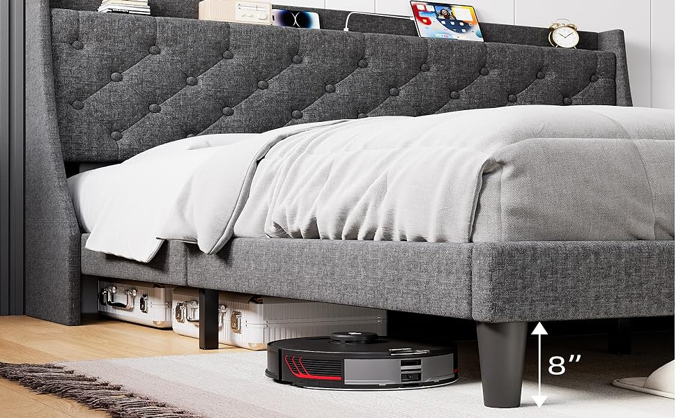 Garvee King Size Bed Frame with Charging Ports, Storage Shelf, Upholstered Platform, Wingback Headboard, No Box Spring, Dark Gray