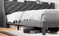 Garvee King Size Bed Frame with Charging Ports, Storage Shelf, Upholstered Platform, Wingback Headboard, No Box Spring, Dark Gray