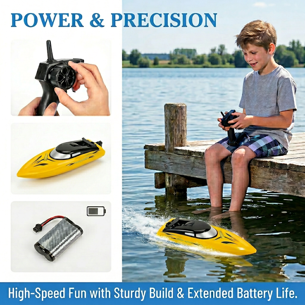 Garvee High-Speed RC Racing Boats 2-Pack for Kids & Adults – 2.4GHz, 10km/h, Self-Righting, 4 Rechargeable Batteries, For Pools & Lakes – Blue & Yellow – Multicolor
