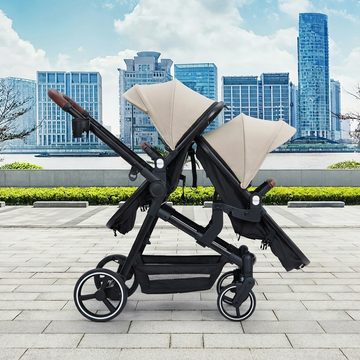 Garvee Foldable Double Baby Stroller in Multi-Position Reversible Design with Adjustable Backrest, Storage Basket and Canopy for Infant and Toddler, Beige